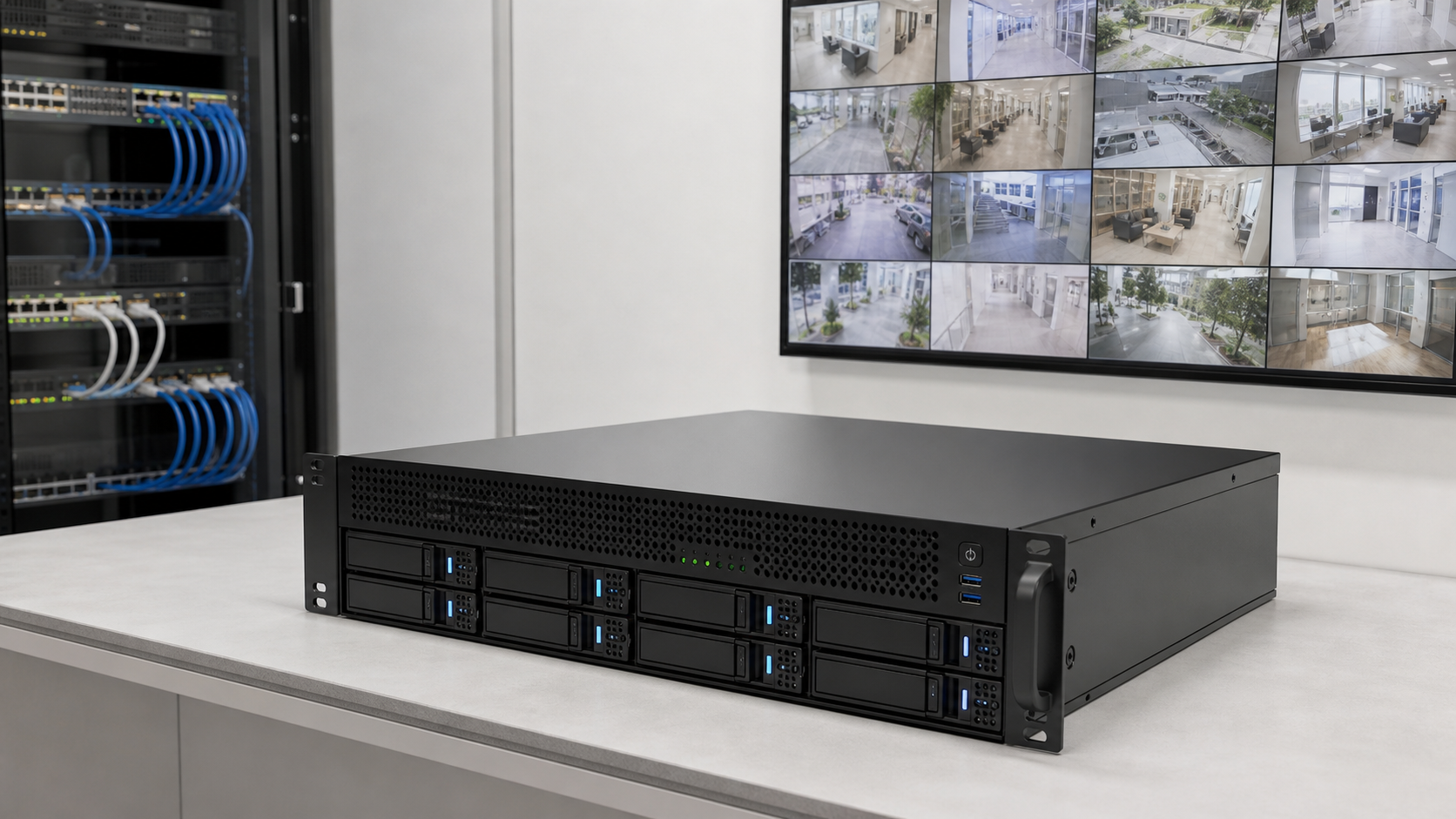 Custom enterprise network video recorder with camera monitoring wall